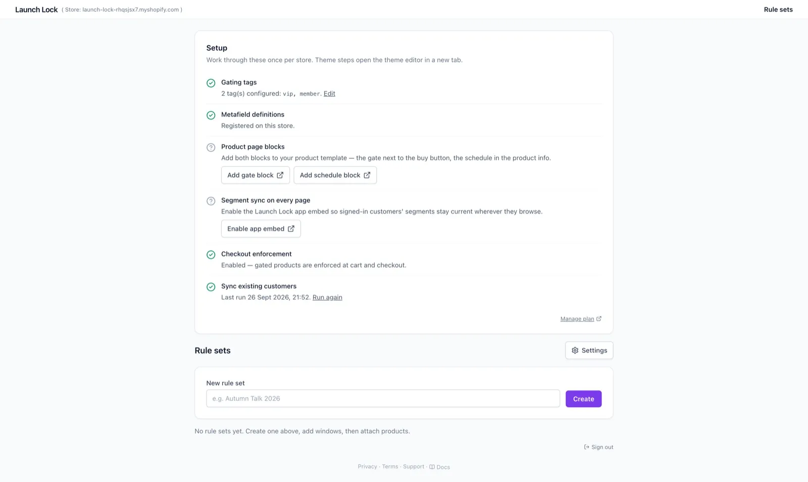 Setup checklist and rule sets in Launch Lock