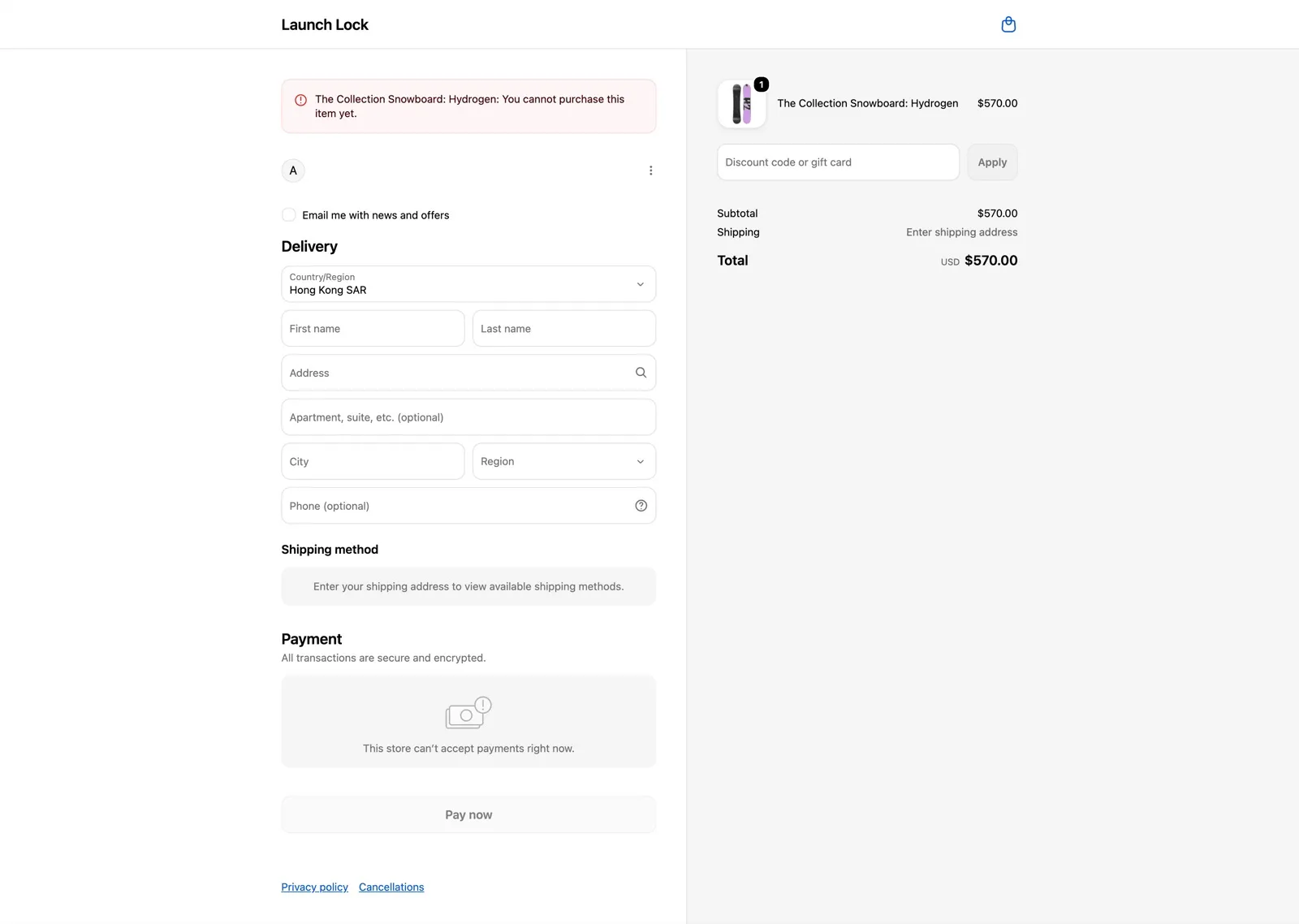 Checkout blocked with the product title and your message