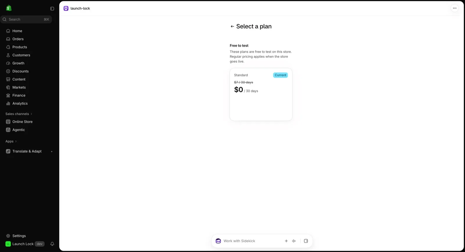 Shopify plan page for Launch Lock
